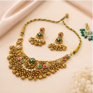 Indian Style 925 <b>Silver</b> Temple Jewelry <b>Necklace</b> <b>Set</b> With Green And Red Zircon Stones Bridal Choker With Matching Earrings - Product Image 3
