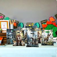 50 sacs cadeaux dinosaures pour fête, sacs en plastique pour bonbons et friandises avec poignées pour fournitures de fête d'anniversaire sur le thème des dinosaures