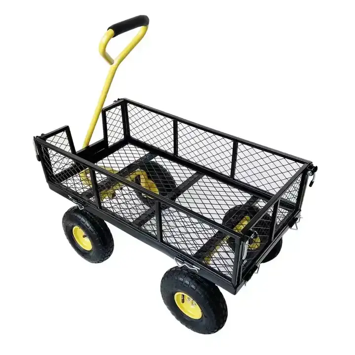 Heavy Duty Steel Mesh Yard Garden Four Wheels Removable Sides Outdoor Firewood Cart Utility Garden Tool Trolley Cart