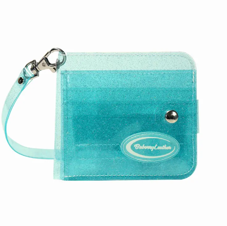 Carteira dobrável para meninas, porta-cartão com clipe transparente em gel pvc com glitter pescoço e carteira