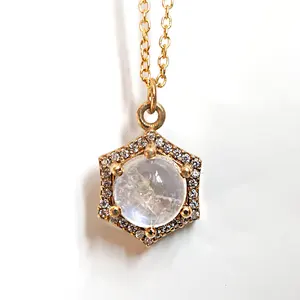 Simple design manufacturer gold plated natural moonstone adjustable 925 silver necklace for women hexagon necklace with gem