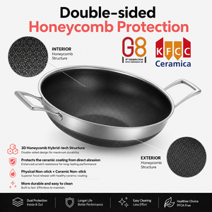 KFCC G8 Sartén <span class=keywords><strong>Wok</strong></span> de Acero Inoxidable de 3 Capas con Revestimiento Cerámico de Panal, Base Plana con Doble Asa, Compatible con Inducción - Product Image 5