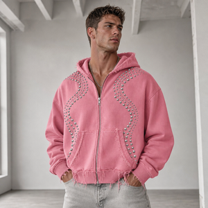 Sweat-shirt unisexe rose à capuche zippé avec strass, en coton molletonné épais 420 GSM, style décontracté automne, ODM - Product Image 4