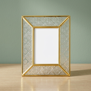 Gold Plated Metal Photo <b>Frame</b> Rectangle Floral Pattern Traditional <b>Design</b> Tabletop <b>Wall</b> Decor Glam Style Single Piece - Product Image 1