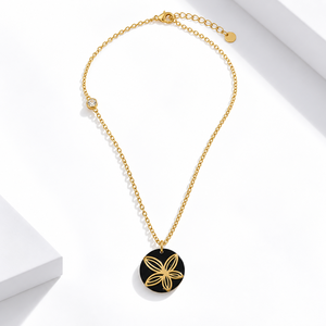 Collier à pendentif floral en acier inoxydable, zircon, plaqué or 14 carats sous vide, chaîne fine noire - Product Image 1