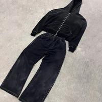 Ensembles de sweats à capuche zippés pour hommes, personnalisés avec strass et effet délavé, style streetwear, de fabricant de vêtements, survêtements épais et oversize pour hommes