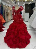 Robes de soirée rouges scintillantes, robe de bal perlée à manches longues, pour femmes, pour deuxième réception, anniversaire, fiançailles, personnalisable