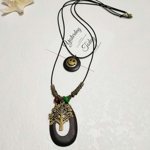 Estilo Étnico Vintage, Cuerda de Cera Negra Trenzada Hecha a Mano, Doble Capa, Cara Sonriente, Hueco, Patrón de Flores, Árbol DE LA Vida, Hoja, Collar de Madera - Product Image 3