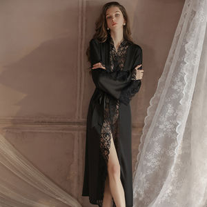 Indossa da notte Sexy in raso lungo da donna con finiture in pizzo elegante abbigliamento da notte a portafoglio <span class=keywords><strong>Kimono</strong></span> lussuoso Look in seta Boudoir da sposa <span class=keywords><strong>rosso</strong></span> - Product Image 5