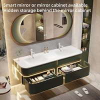 Meuble-lavabo de salle de bain mural de luxe, design moderne et personnalisé, vert, avec double tiroirs, éclairage LED et vasque intégrée en dalle.