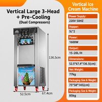 Machine à glace molle commerciale de comptoir, 3 saveurs, pour desserts, verticale