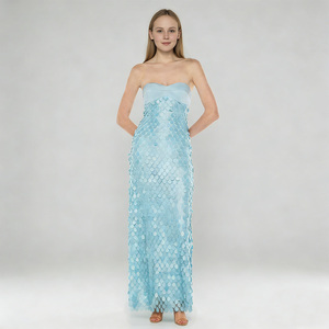 Abito da sera elegante blu senza spalline, lungo fino al pavimento, da donna, per cocktail, feste e balli, con paillettes - Product Image 1