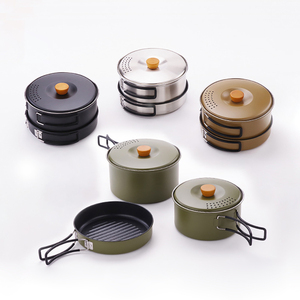 Wholesale Custom Foldable Handle Stainless Steel <b>Camping</b> Cookware Set Pots and Pans - Product Image 1