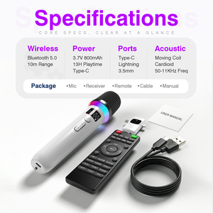 便携式录音无线卡拉 OK 麦克风，带 USB-C Lightning 接收器、遥控器、变声器、手持式麦克风，适用于现场表演 - Product Image 6