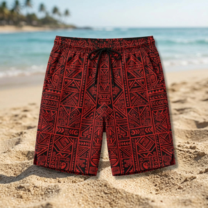 Shorts de plage pour hommes avec cordon de serrage, décontractés, imprimé tribal, taille élastique, pour l'été et les voyages - Product Image 1