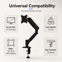 Support de moniteur unique réglable en hauteur avec ressort à gaz, fixation de bureau entièrement articulée, rotation à 360°, VESA 75 100, 17 à 32 pouces, 9 kg
