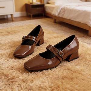 Zapatos de Tacón Cuadrado de 3 cm de Cuero Genuino Mary <span class=keywords><strong>Jane</strong></span>, Tendencia de Moda de Alta Gama, Ligeros y Cómodos para Mujer, Verano Otoño - Product Image 3