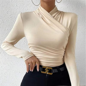 2024 Western décontracté plaine Sexy plissé haut court dames pull mince <span class=keywords><strong>basique</strong></span> col roulé chemise à manches longues <span class=keywords><strong>t</strong></span>-shirts haut pour les femmes - Product Image 1