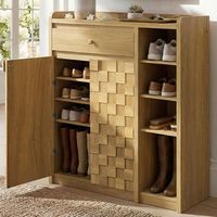 Meuble de rangement à chaussures moderne en bois avec portes mosaïques 3D, 1 tiroir supérieur et 5 étagères réglables, organisateur à bords incurvés pour couloir.