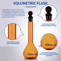 Flacon volumétrique à fond plat en verre borosilicaté 3.3 pour laboratoire médical, avec bouchon en verre ou en plastique