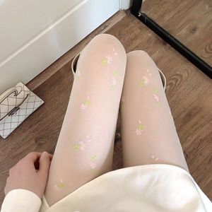 Floral Pattern Pantyhose Milky White Thin Transparent Women's Stockings Four Seasons Wear - Product Image 1