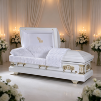 Cercueil funéraire en acier blanc de style américain avec poignées dorées et intérieur en velours