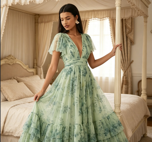 Abito da Sera per Donna con Stampa Floreale, Vestito Lungo in Tulle con Scollo a V Profondo, Maniche Corte a Sbuffo e Balze, Ideale per Ospiti di Matrimonio - Product Image 6