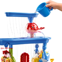 Table d'eau multi-niveaux en plastique bleu pour enfants, idéale pour les jeux de plage en extérieur avec sable et accessoires
