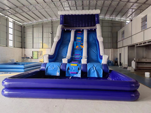ราคาโรงงาน สไลเดอร์น้ำเป่าลมกลางแจ้ง สไลเดอร์น้ำเป่าลมรูปโลมาสีฟ้าสำหรับเด็ก สไลเดอร์น้ำเป่าลมแบบคู่ - Product Image 2