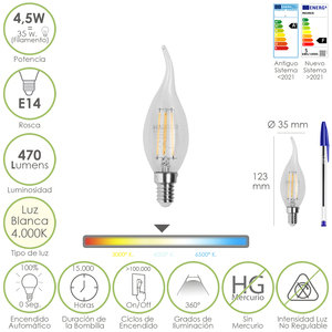 Lampadina LED E14 a filamento effetto fiamma. 4,5 Watt. Equivalente a 35 Watt. 470 Lumen. Bianco Neutro 4000K. - Product Image 1