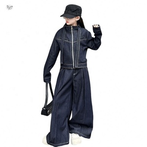 Completo in denim 2 pezzi per <span class=keywords><strong>ragazze</strong></span> 2026 Primavera Autunno: Giacca con nastro e pantaloni a gamba larga per adolescenti e studentesse - Product Image 5