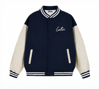 Veste de baseball unisexe décontractée, style varsity, bleu marine et beige, avec broderies et col rayé