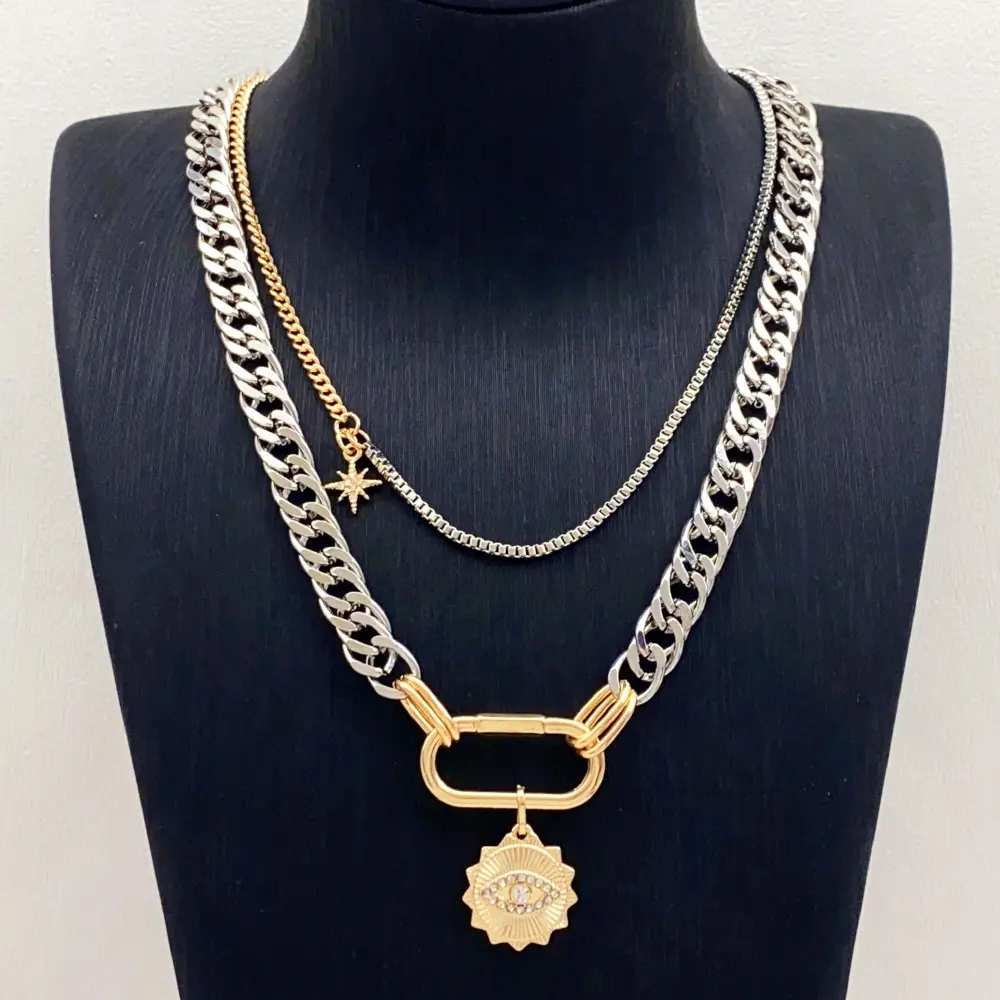 مجوهرات بالجملة سلسلة كوبية مطلية بالذهب عيون فضية نجمة شمس قلادة كريستال للنساء