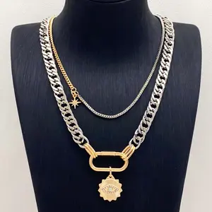 Jewel Bán Buôn Cuba Chuỗi Vàng Mạ Bạc Mắt Sao Mặt Trời Pha Lê Mặt Dây Chuyền Vòng Cổ Cho Phụ Nữ