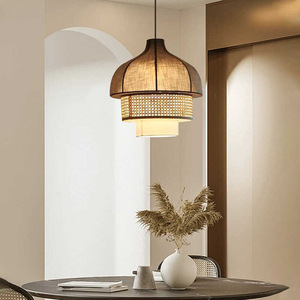 Lustre en rotin E27, luminaire suspendu rond pour salle à manger, style chinois moderne, luminaire d'inspiration Zen - Product Image 1