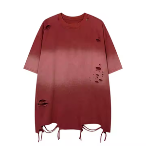 Camiseta personalizada para hombre High Street Gradient Vintage Washed Hem Torn de manga corta de verano, Camiseta holgada multifuncional - Product Image 4