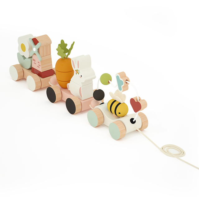 COMMIKI Children Wooden Early Education Puzzle Multi-Functional Trolley Rabbit Animals Around the Bead Rope Car Toy