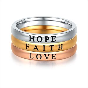 แหวนสแตนเลสสตีลสำหรับผู้หญิง กว้าง 3 มม. ชุบทอง 18K สลักข้อความ Hope Love Faith ของขวัญสุดโรแมนติกสำหรับใส่ไปทำงาน - Product Image 2