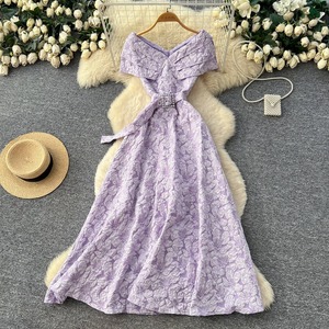 Robe d'été pour femme de qualité supérieure, à manches bouffantes, taille haute, coupe trapèze, ajustée, imprimé floral bleu - Product Image 2