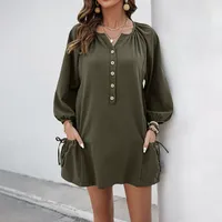 Robe décontractée à manches longues et col en V boutonnée, coupe ample, couleur unie, vert armée, pour femmes, ODM, à porter au quotidien