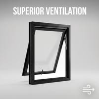 Fenêtre à auvent contemporaine à cadre noir avec ventilation supérieure et charnières dissimulées pour cuisine de maison moderne