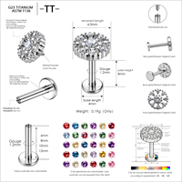 Anting-anting titanium ASTM F136 model bunga berlubang dengan CZ, ulir dalam, untuk tindik tulang rawan telinga, helix, dan tragus.