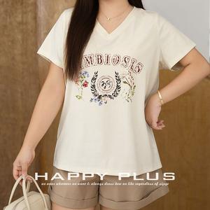 T-shirt décontracté tricoté à col en V et manches courtes pour femme Happy Plus N9255, grande taille, motif lettres imprimées, couleur abricot américain - Product Image 4