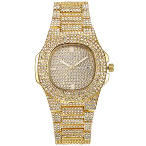 顶级品牌高品质黄铜水晶石英方形男士手表雷洛杰斯闪亮嘻哈金色全钻冰镇手表