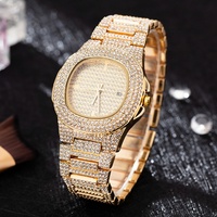 Reloj de Lujo con Diamantes de Imitación Estilo Hip Hop, con Esfera de Cristal, Cadena Cubana y Pulsera para Hombre, en Set de Regalo