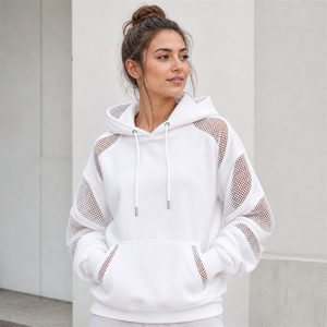 <b>Women's</b> <b>White</b> Hoodie Mesh Cutout Drop Shoulder Pullover <b>Sweatshirt</b> Long Sleeve Casual Autumn Top - Product Image 6