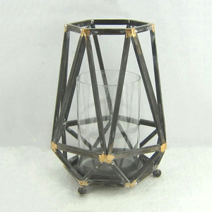 Lanterne porte-bougie cylindrique en verre géométrique en métal noir vintage décorative pour la maison pour Noël - Product Image 1