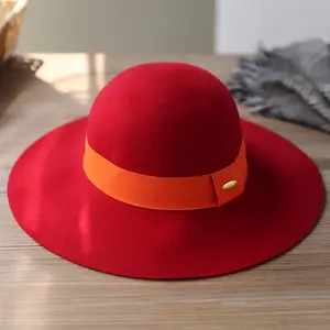 Linglong 2024 New Design Fashion Red Color Large Size Foldable Bowler 100% Wool Felt Wide Brim Floppy Women Hat