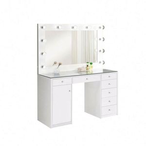 Coiffeuse vintage de luxe avec plateau en verre, mélamine et bois, grand miroir, 6 tiroirs, style rétro - Product Image 4