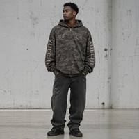Sweat à capuche streetwear homme personnalisé Y2K, en coton épais, coupe oversize, avec double capuche, imprimé camouflage, fermeture éclair intégrale et broderie